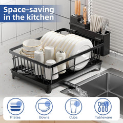 Purkeep Dish Drying Rack with Utensil Holder & Draining Board – Space-Saving, Black