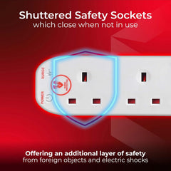 Masterplug Four Socket Extension Lead, 4 Metre Cable, Surge Protection, Power and Surge LED Indicators, Unswitched, 4-Way Plug Extension Cable, Power Strip, White, 13A, 4G, 4m, SRG44N