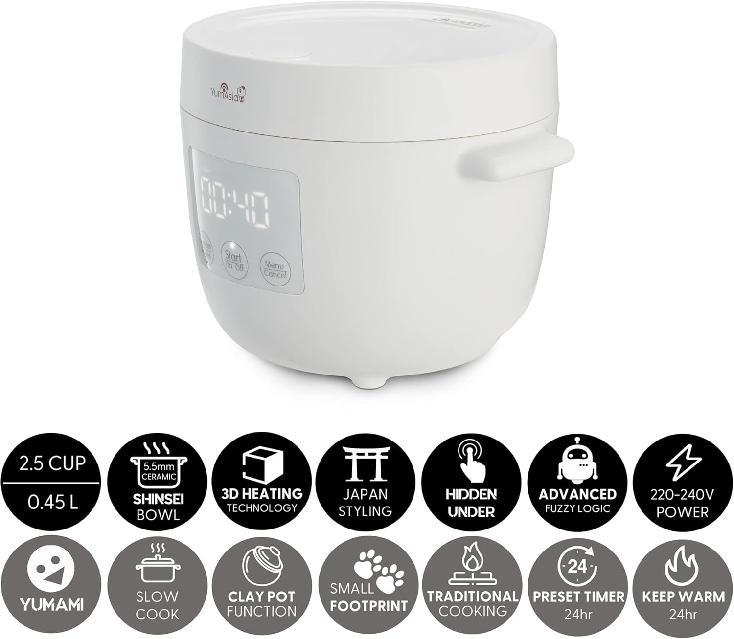 Yum Asia Tsuki Mini Rice Cooker – Pebble White – 2.5 Cups – Ceramic Bowl