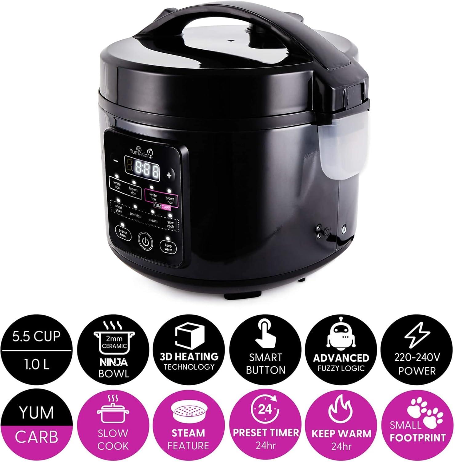 Yum Asia Kumo YumCarb Rice Cooker with Ceramic Bowl – 5.5 Cup (1L), Fuzzy Logic, 8 Cooking Functions – Dark Stainless Steel