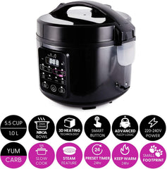 Yum Asia Kumo YumCarb Rice Cooker with Ceramic Bowl – 5.5 Cup (1L), Fuzzy Logic, 8 Cooking Functions – Dark Stainless Steel