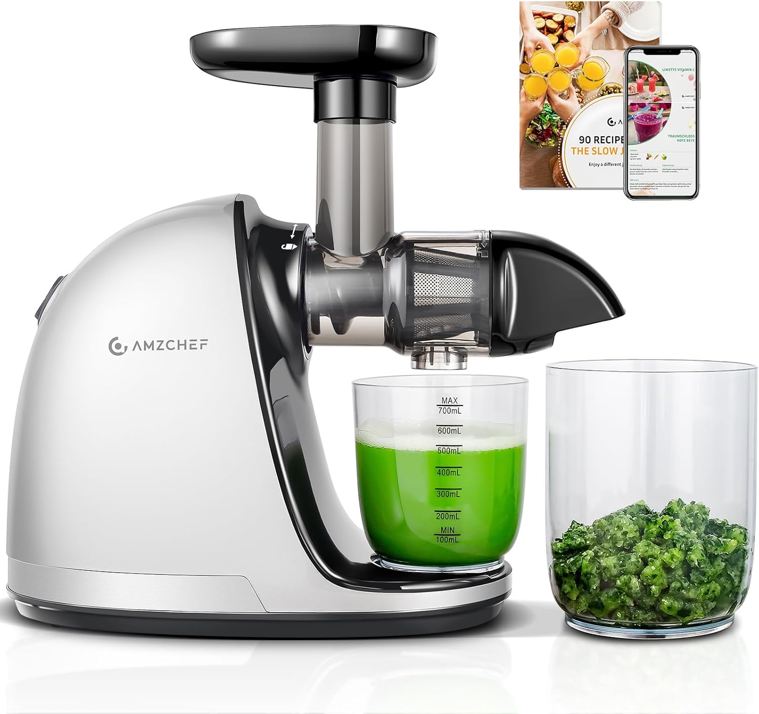 Cold Press Slow Juicer Machine – Masticating Juicer for Whole Fruits & Vegetables – BPA Free Extractor with 2 Cups & Brush – White