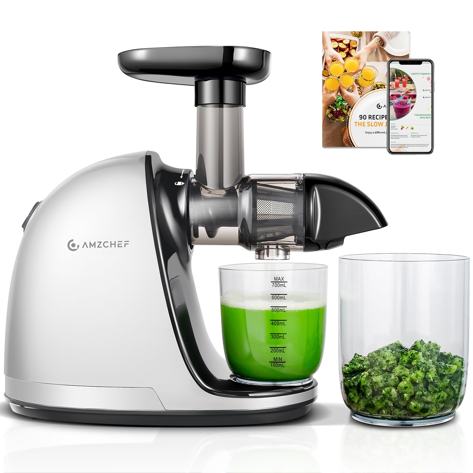 AMZCHEF Juicer Machines - Cold Press Slow Juicer - Masticating Juicer for Whole Fruits and Vegetables - Delicate Chew No Need to Filter - BPA Free Juice Extractor with 2 Cups and Brush - Black