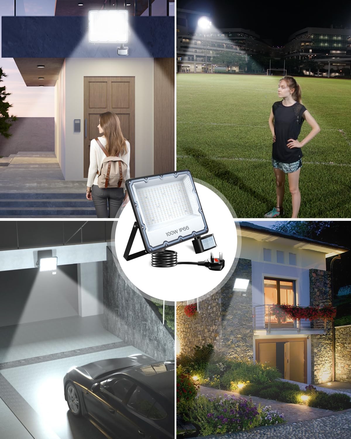 100W Security Lights, IP66 Waterproof PIR LED Floodlight with Remote Control, 2M Wire UK Plug Security Lamp 6500K