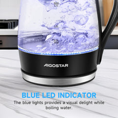 Glass Electric Kettle 1.7L, 2200W Fast Boil, LED Light, Auto Shut-Off