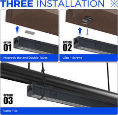 Installation guide for a magnetic bar, clips, screws, and cable ties on a wooden surface.