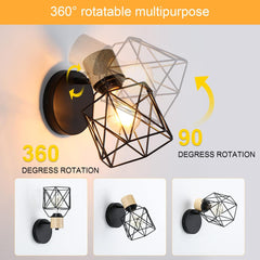 Lightess Industrial Wooden Wall Lamp – Retro Metal Cage Adjustable Wall Sconce, Indoor E27