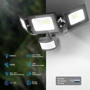 Outdoor flood light with features listed on a split background