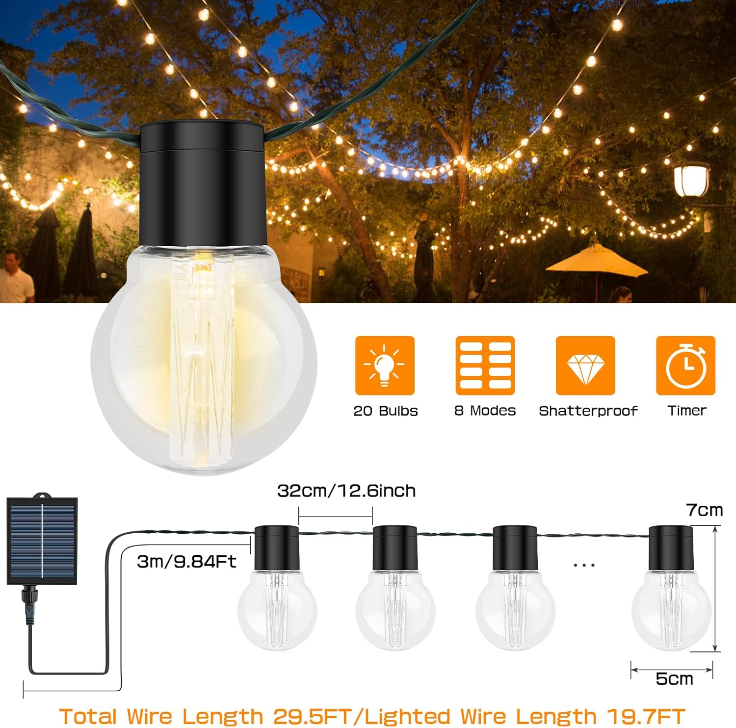 9M Solar Festoon Lights, 20 Bulbs, Remote Control