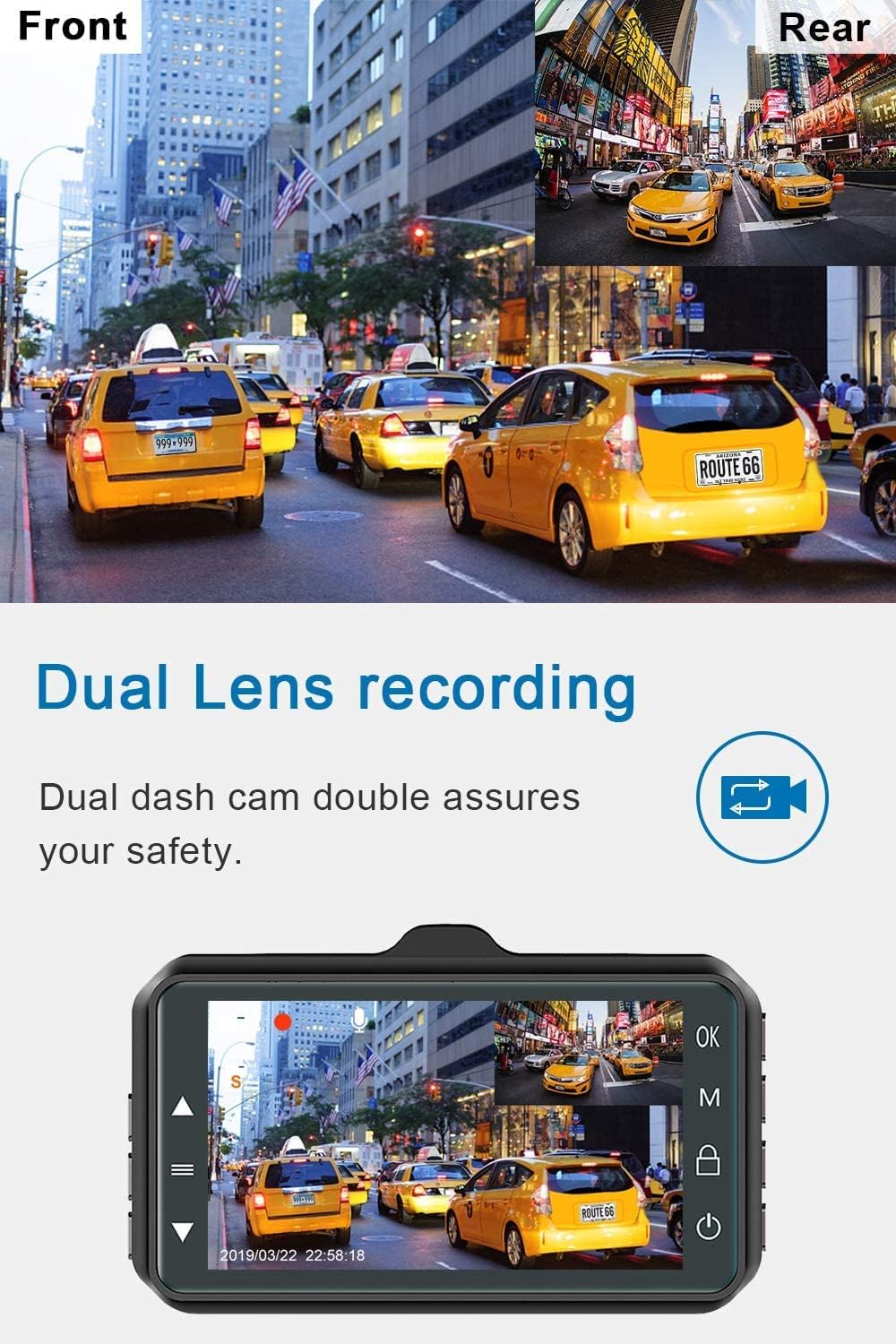 Dual Dash Cam for Cars Front & Rear 1080P, 170° Wide, 3" LCD, Night Vision