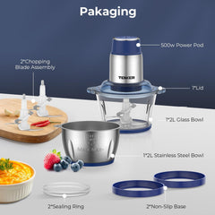 TENKER Food Processor 2L+2L Bowls, Bi-Level Blades, Chopper & Meat Grinder