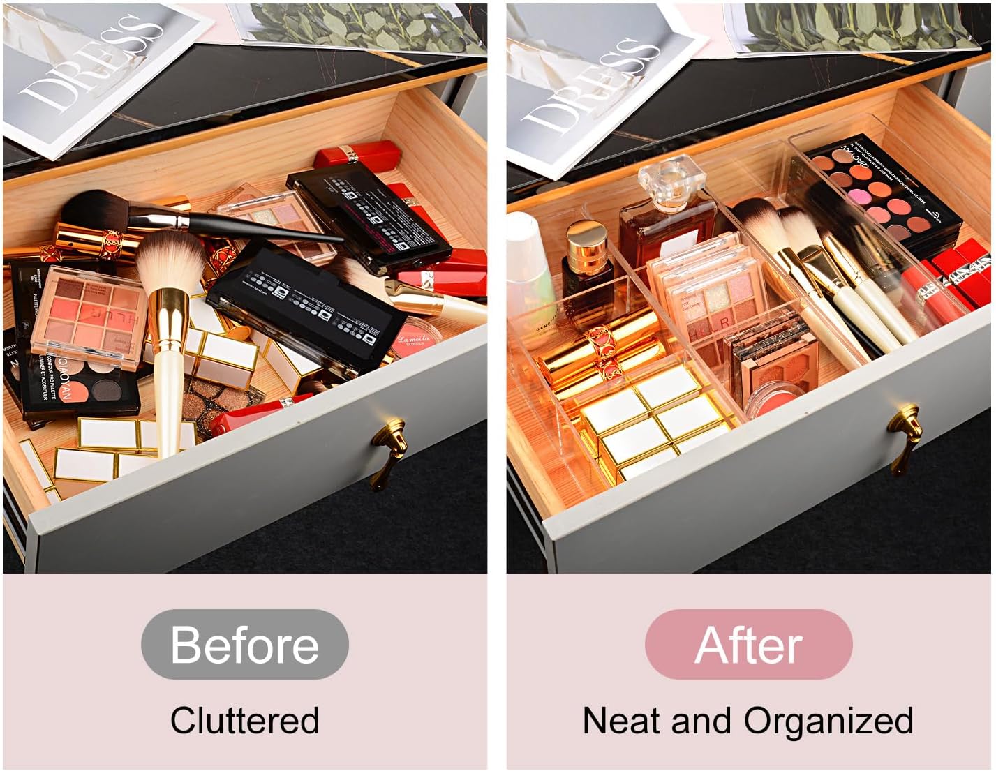2PK Acrylic Cube Makeup Organizer with 1 & 3 Compartments for Vanity & Drawer