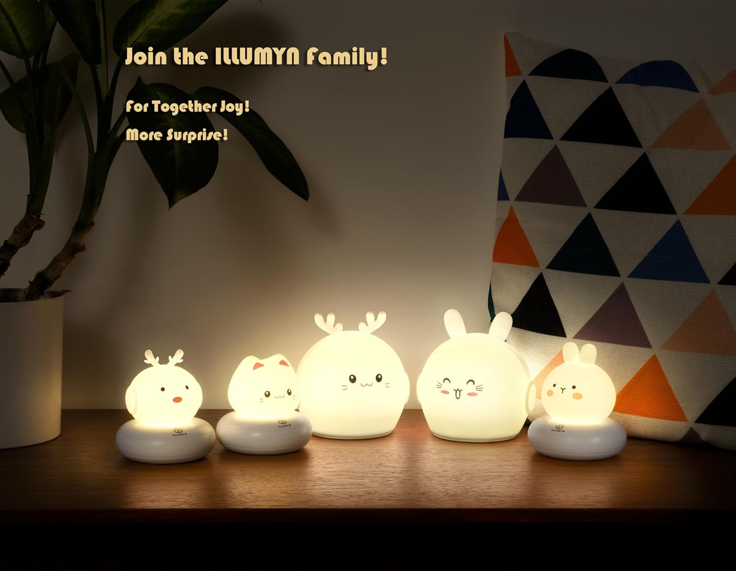Five cartoon-style night lights on a wooden surface with text inviting viewers to join the 'ILLUMYN' family.