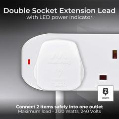 Two Socket Double Extension Lead 10m Cable, Unswitched, White