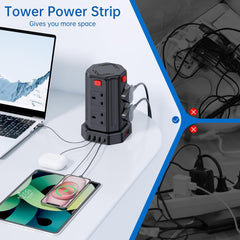 Tower Extension Lead 8-Way [13A 3250W] with 4 USB Ports, Surge Protected Power Strip 3M