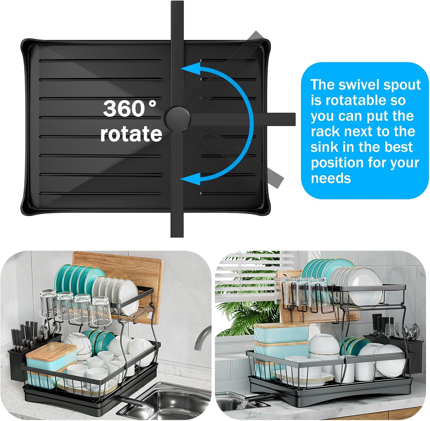 7 Code 2-Tier Large Dish Drying Rack – Black Detachable Drainer with Utensil Holder