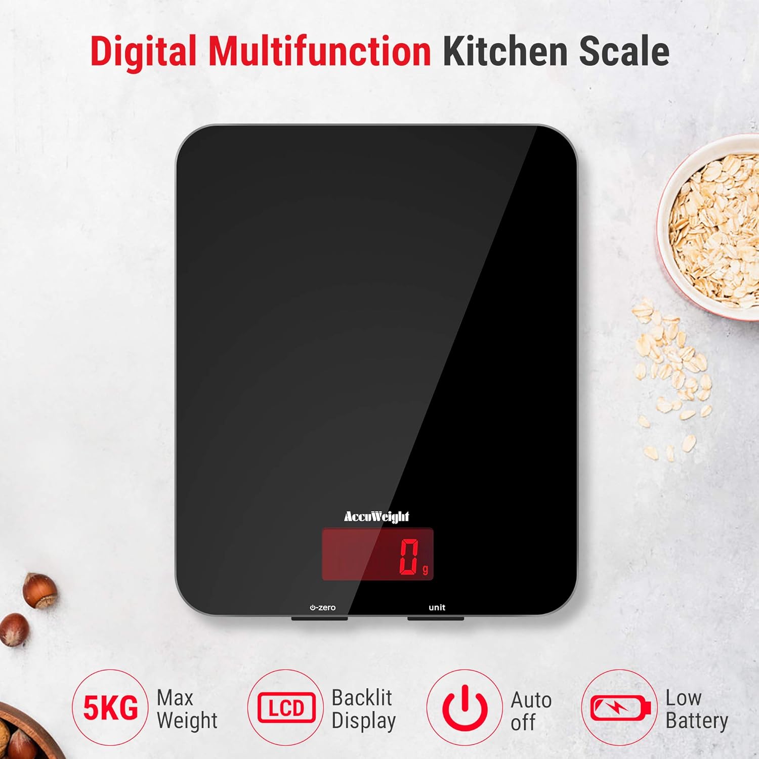 ACCUWEIGHT 201 Digital Kitchen Scale, 11lb/5kg Glass Platform with LCD Display