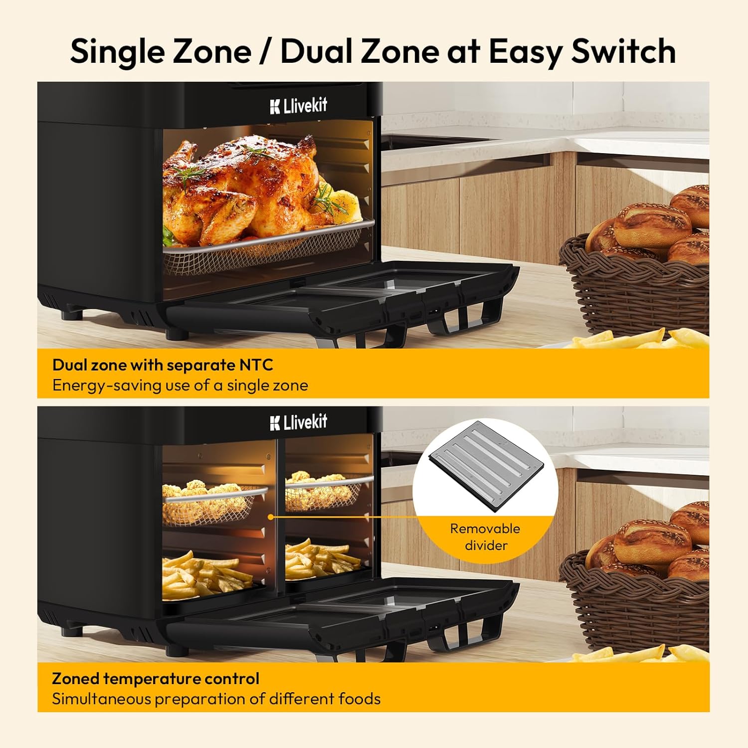 LLIVEKIT 15L Dual Air Fryer Oven – 2600W, 12-in-1, Rotisserie, SYNC Finish & Dual Cook, 8 Accessories, LED Touch Screen