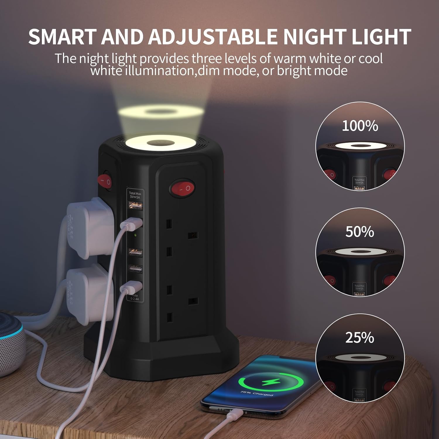 Tower Extension Lead 8-Way with 5 USB Ports & Night Light, Surge Protected Power Strip 1.8M