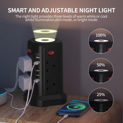 Tower Extension Lead 8-Way with 5 USB Ports & Night Light, Surge Protected Power Strip 1.8M