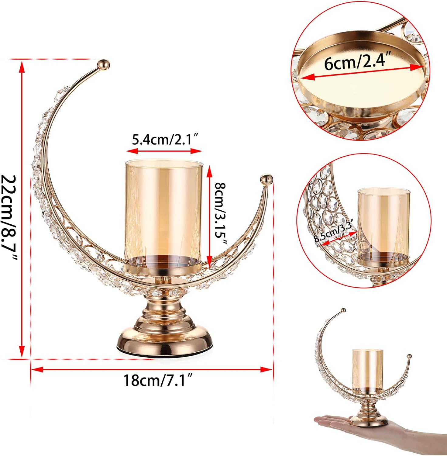 Moon Shape Crystal Tea Light Candle Holder with Detachable Shade – Gold Metal Table Centerpiece for Home, Wedding & Party Decor