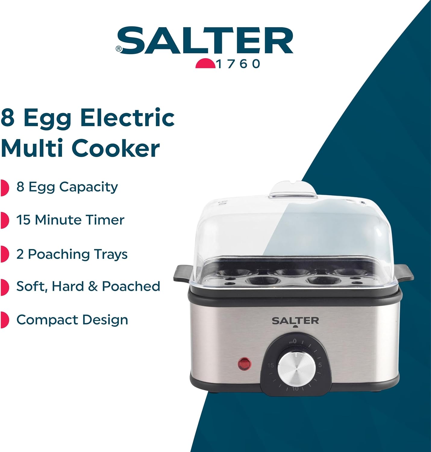 Electric Multi Egg Boiler 8 Egg Capacity Cooker with Poaching Trays, 500W Silver