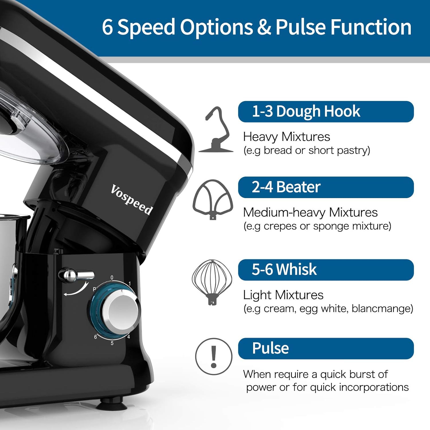 Food Mixer Dough Blender 6.2L 2000W Electric Stand Mixer – Cake Mixer with Bowl, Beater, Hook, Whisk & Spatula – Black