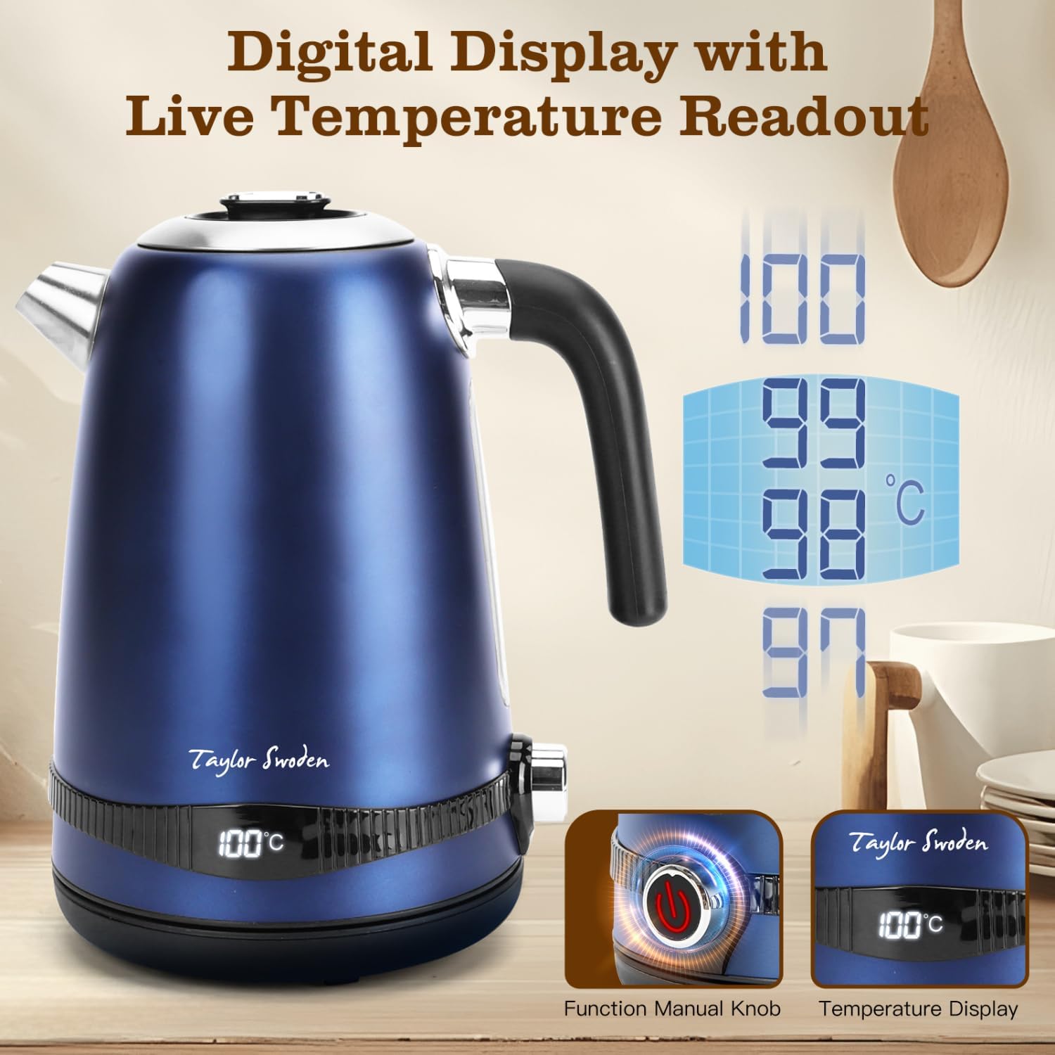 Taylor Swoden Electric Kettle 1.7L, 7 Variable Temperature 40°C–100°C, Fast Boil Quiet Kettle, Keep Warm 2 Hours, 2200W