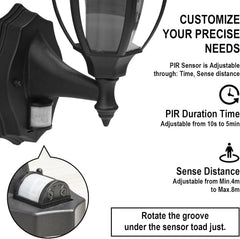 Outdoor wall light fixture with PIR sensor and adjustable features on a white background