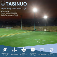 LED flood light on a sports field with TASINUO branding and product features displayed.