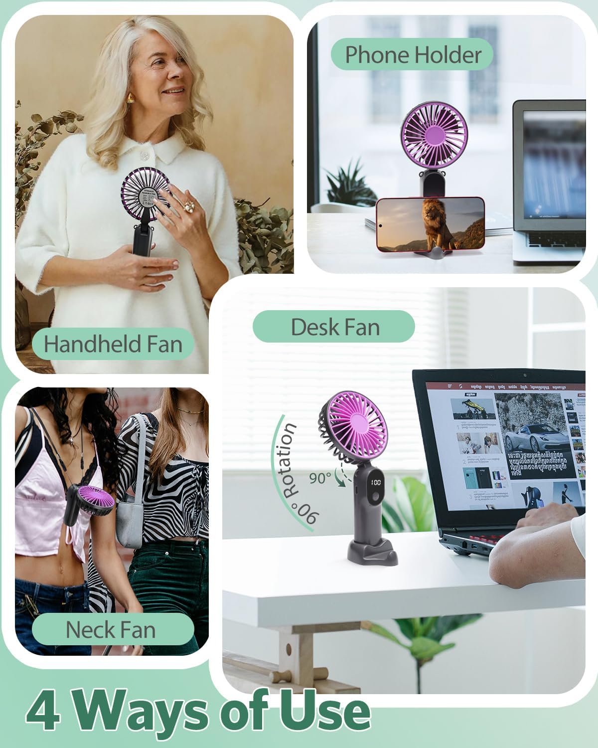 2 Pcs Portable Handheld Fans, Mini USB Rechargeable Fans with Neck Strap & Detachable Desk Base, 90° Foldable, 6 Speeds, Hand Held Fans for Outdoor, Home, Office, Travel, Camping&Commute