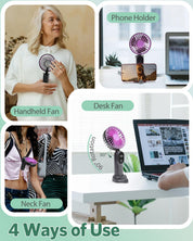 2 Pcs Portable Handheld Fans, Mini USB Rechargeable Fans with Neck Strap & Detachable Desk Base, 90° Foldable, 6 Speeds, Hand Held Fans for Outdoor, Home, Office, Travel, Camping&Commute