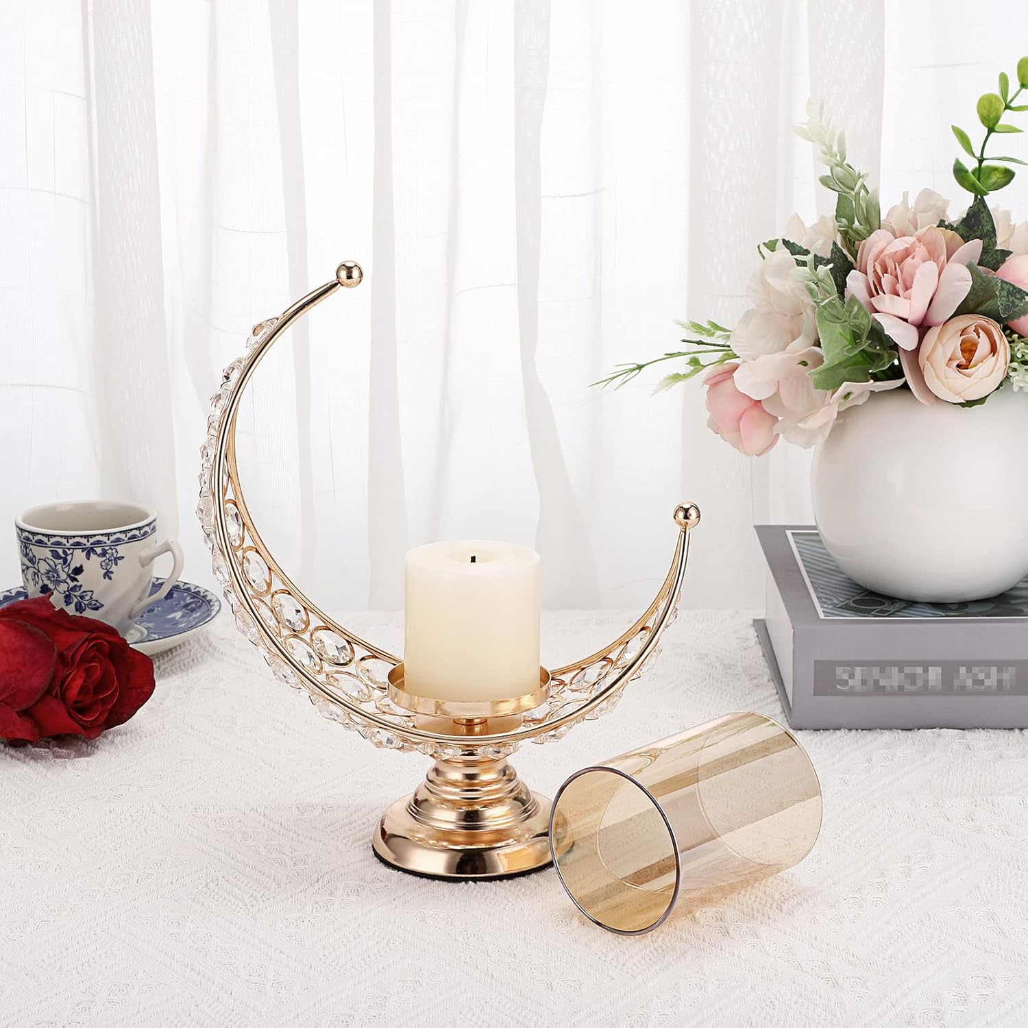 Moon Shape Crystal Tea Light Candle Holder with Detachable Shade – Gold Metal Table Centerpiece for Home, Wedding & Party Decor
