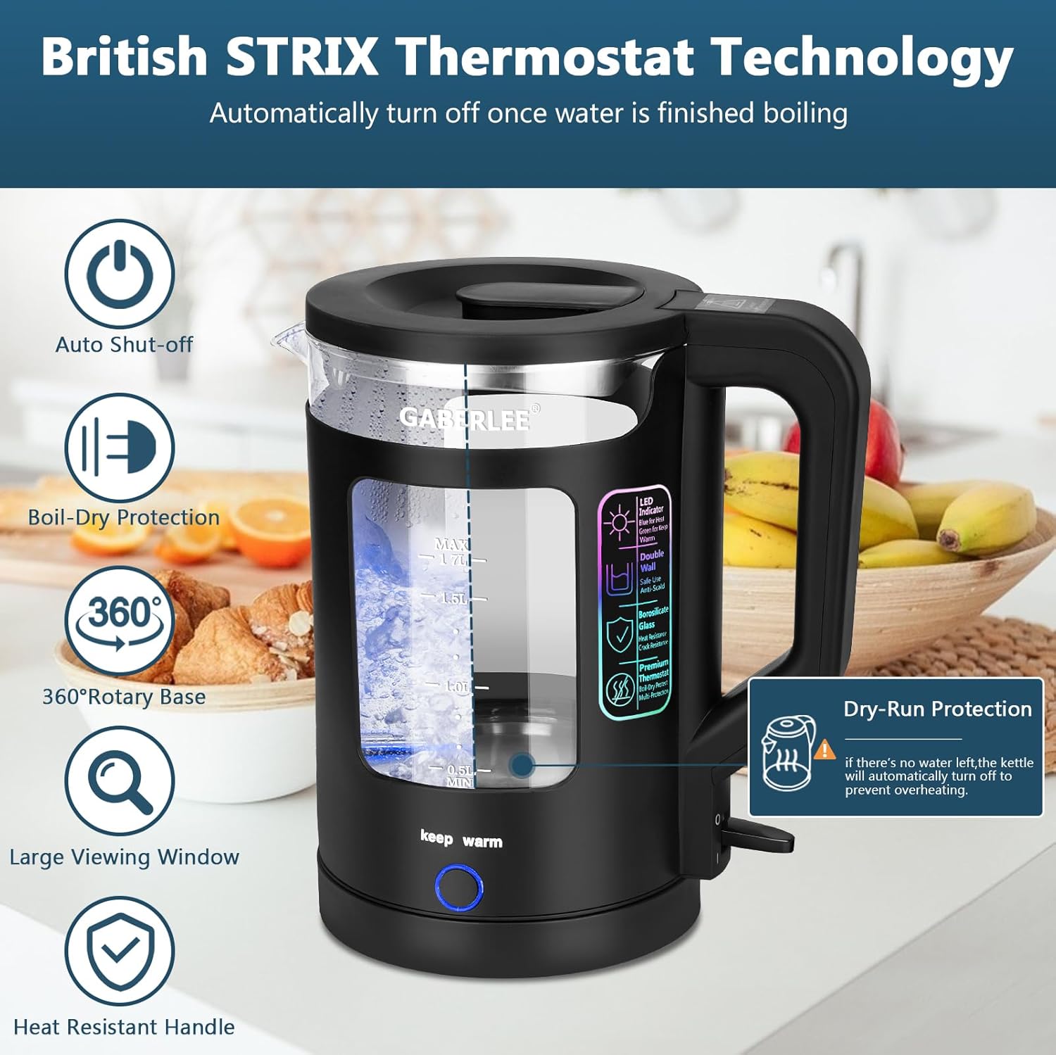 GABERLEE Electric Kettle 1.7L Glass Quiet Boil, 3000W Fast Heat, LED, Keep Warm