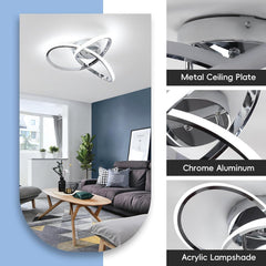 Ceiling light fixture with metal ceiling plate, chrome aluminum finish, and acrylic lampshade in a living room setting.