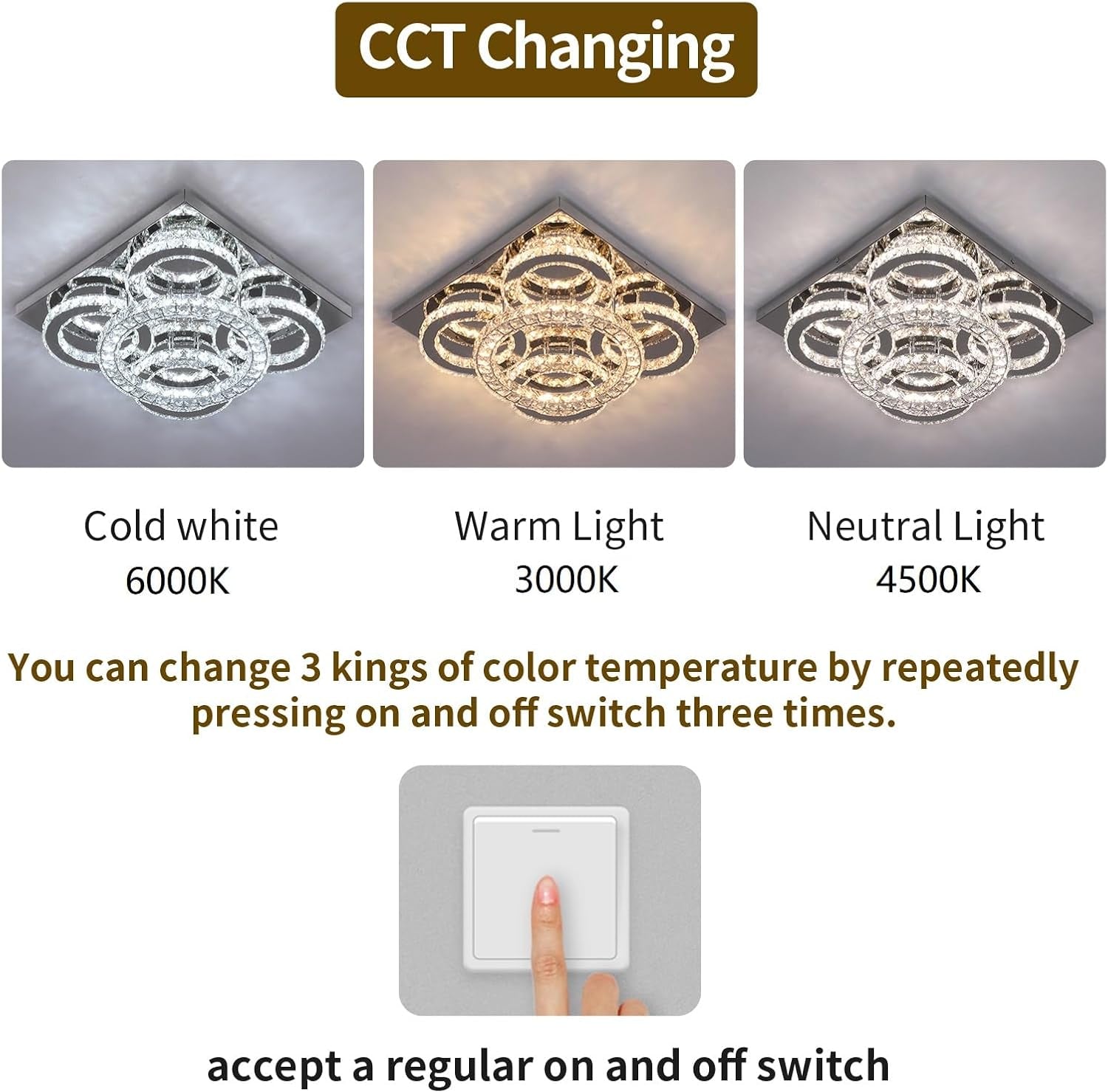 Modern Crystal LED Chandelier, 5-Ring Square Flush Mount Ceiling Light