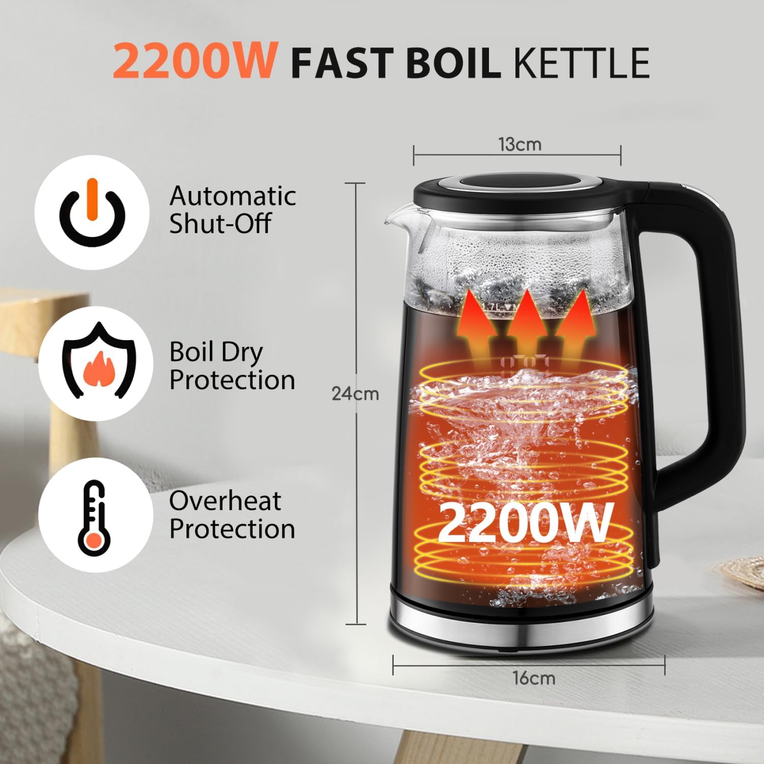 Swoden 1.7L Electric Kettle with Temperature Control, Digital Display, Double-Walled Glass, 2200W, Keep Warm – Black