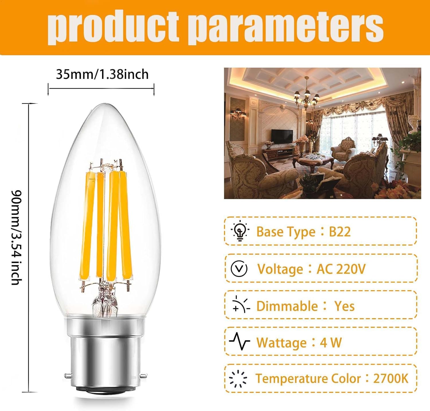 3 Pack B22 LED Filament Bulbs 4W