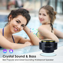 Two women by a pool with a waterproof speaker labeled 'SoundAngel' displayed.