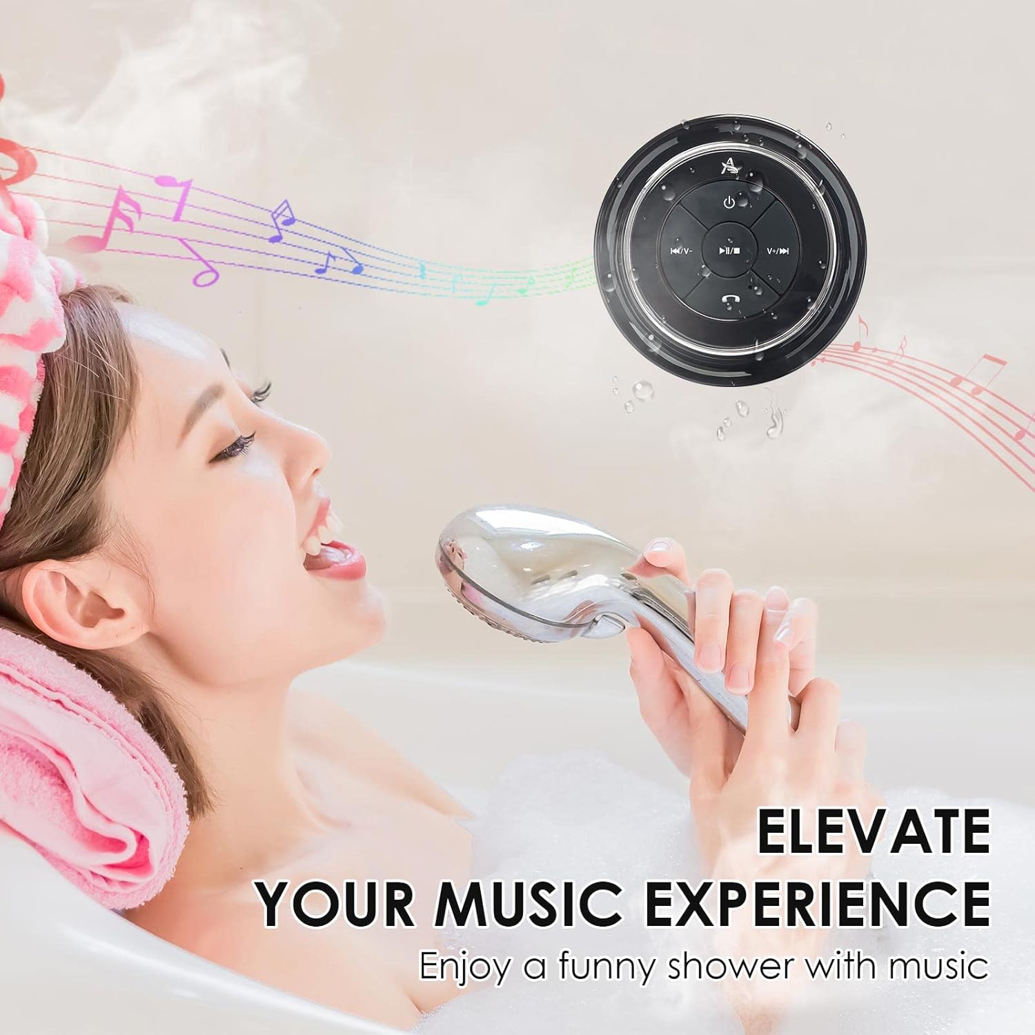 Person in a bathtub with a shower head and music notes, text 'Elevate Your Music Experience'.