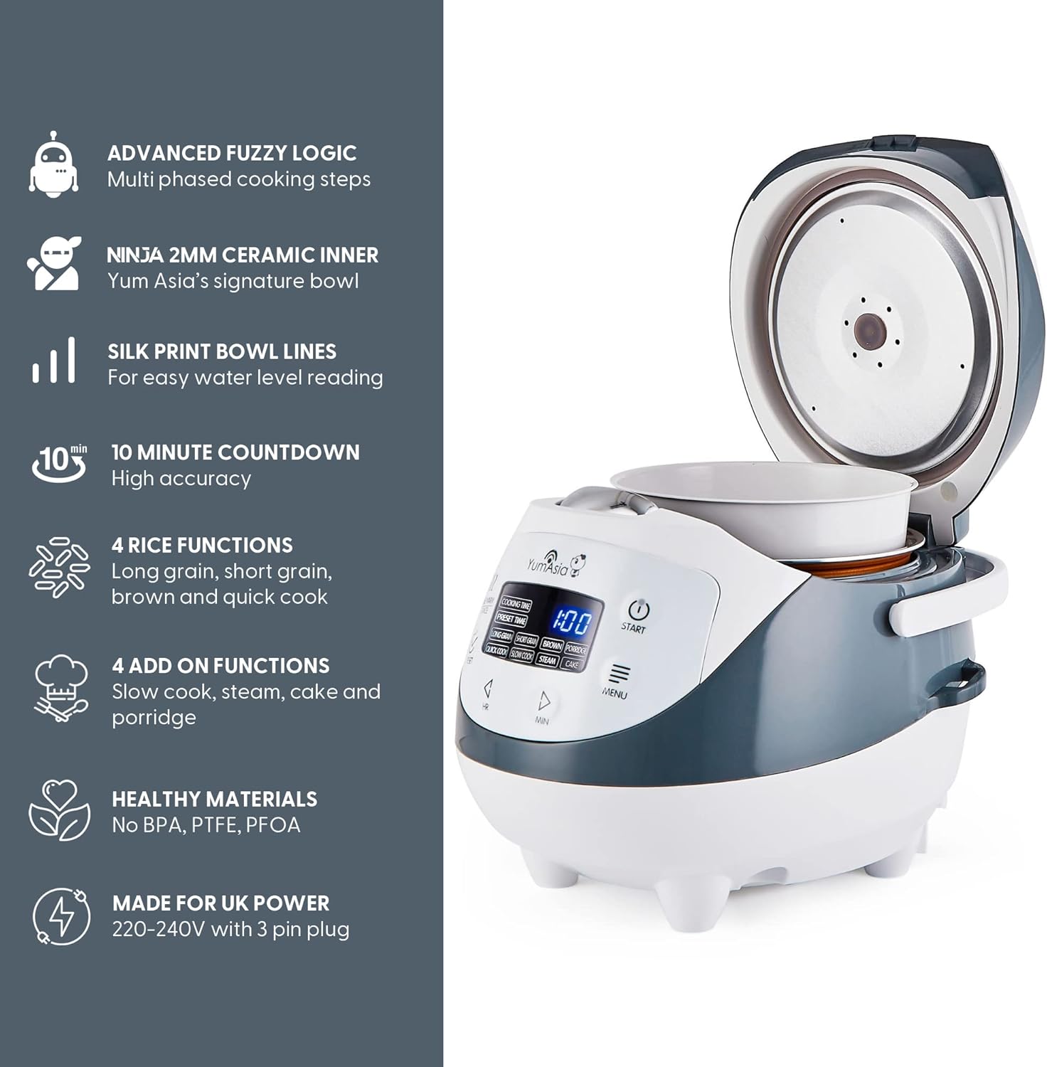 Yum Asia Panda Mini Rice Cooker 3.5 Cup White & Grey