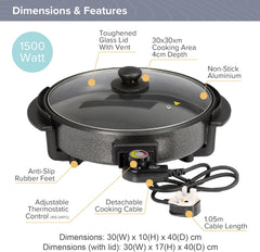40cm Multi-Function Electric Cooker Pan with Lid – Non-Stick Aluminium Electric Frying Pan with Thermostat Control