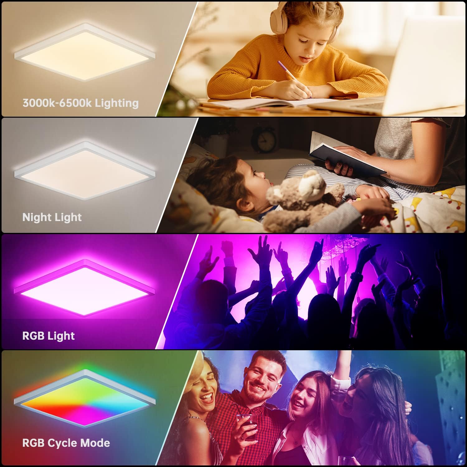 12 Inch RGB LED Ceiling Light with Remote – 24W Modern Flush Mount Square Fixture, Dimmable 3000K–6500K Panel for Bedroom, Kids Room, Bathroom, Festival Decor