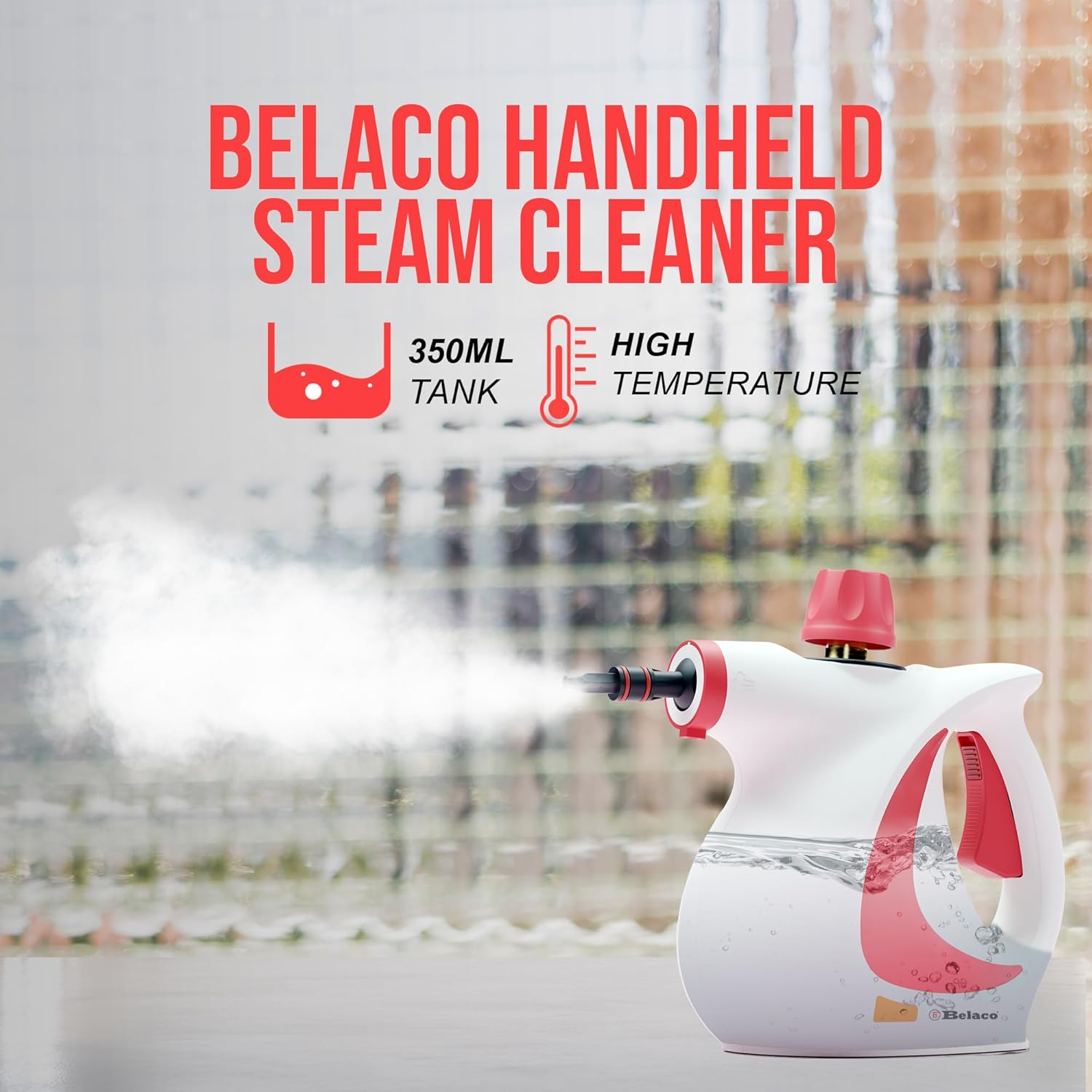 Belaco Handheld Steam Cleaner – High Pressure Multi-Purpose Steam Cleaner 1050W with 9 Accessories | Portable Chemical Free Steamer for Home, Kitchen, Bathroom, Tiles, Grout, Upholstery & Cars BSC389A