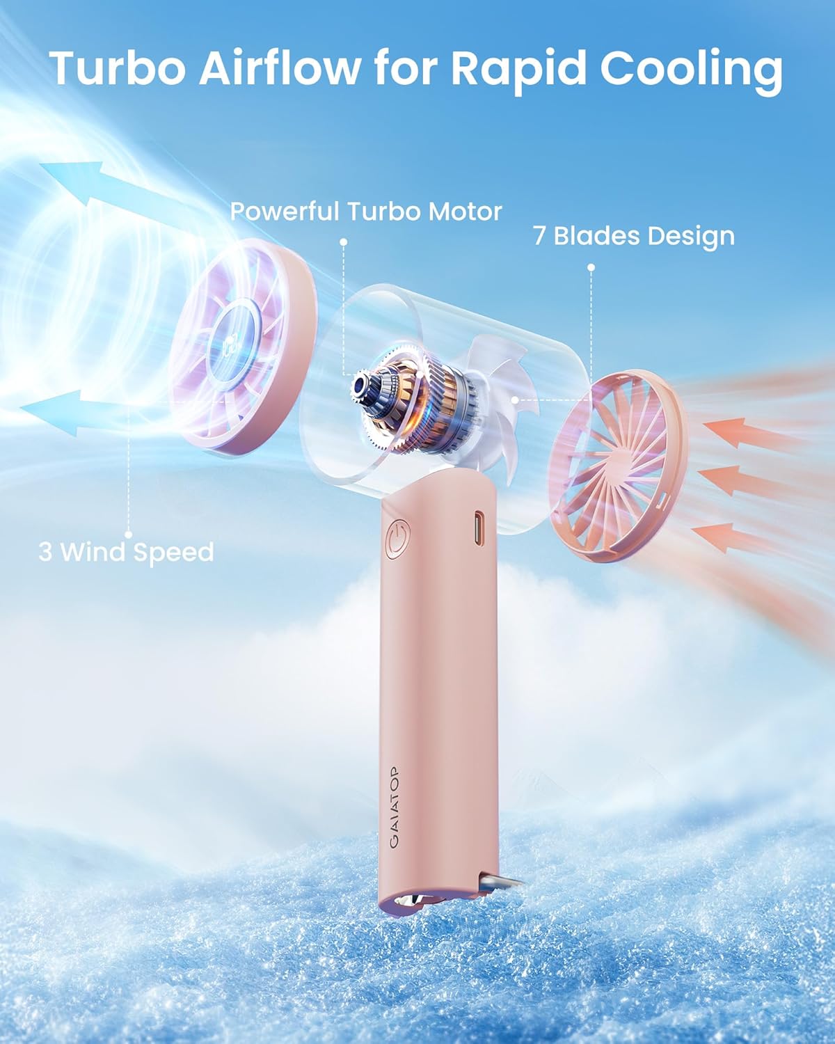 Mini Turbo Handheld Fan with LED Torch Pink