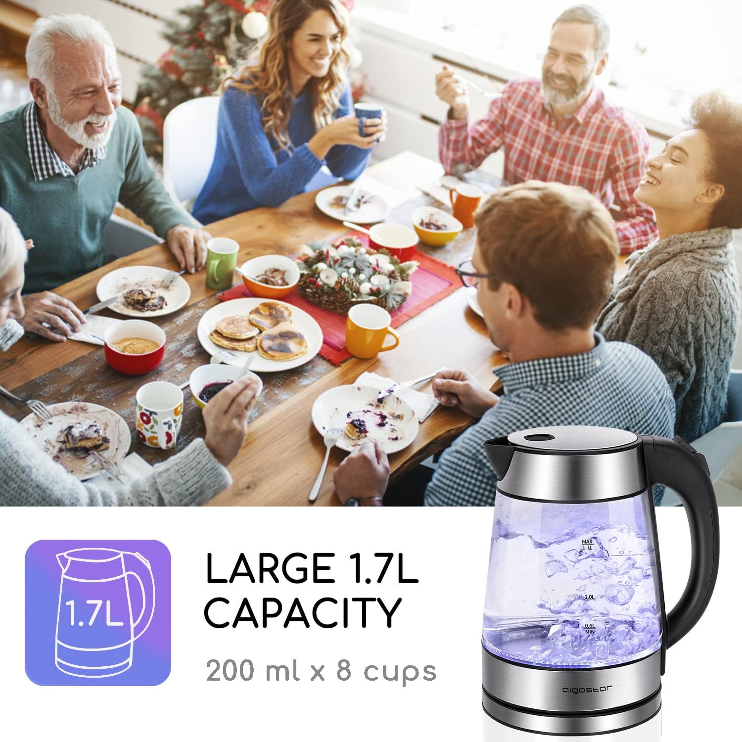 Aigostar Glass Kettle 1.7L 2200W with LED Lighting, Boil Dry Protection, BPA Free