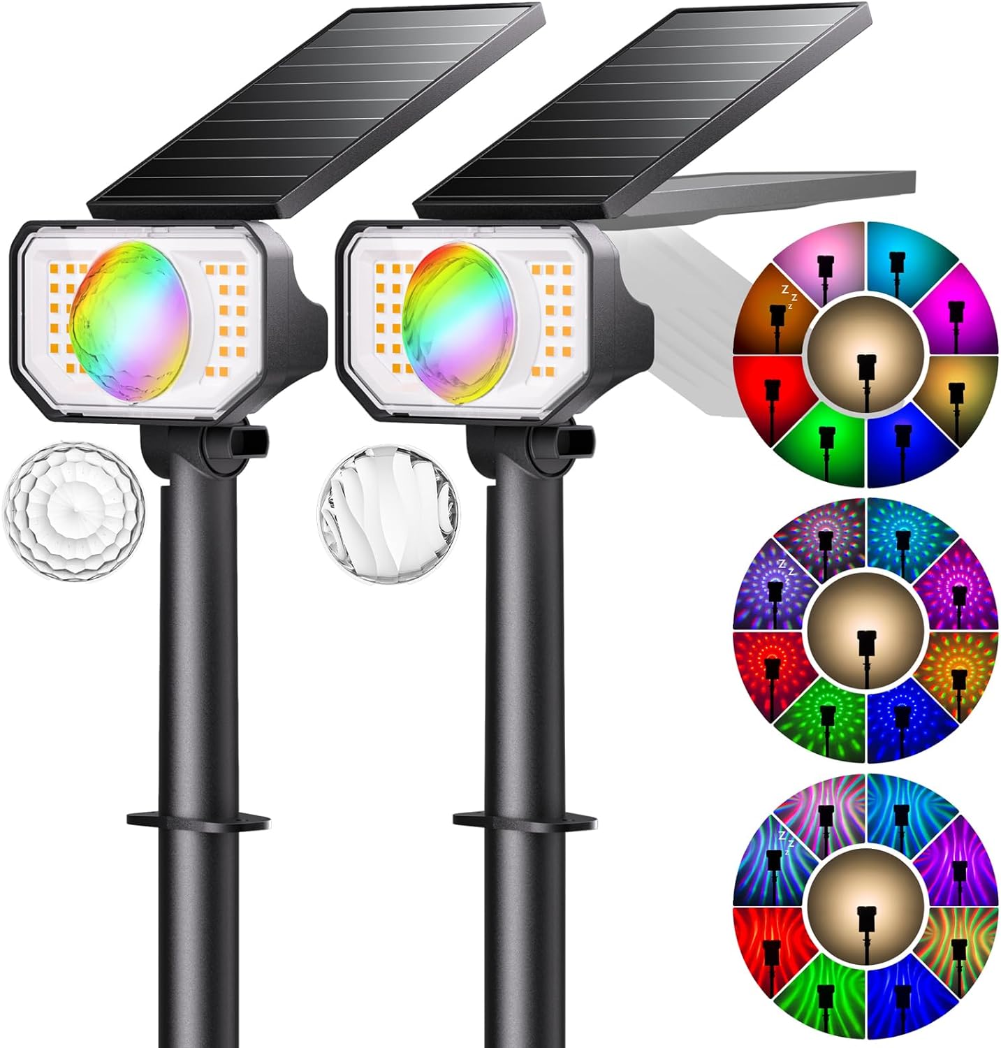 Solar Spot Lights Outdoor Garden, 2 Pack Bright Solar Pathway Lights with 25 Lighting Modes, Auto On/Off Multicolor Solar Landscape Spotlights for Garden Yard Wall Lawn Porch - RGB/Warm White