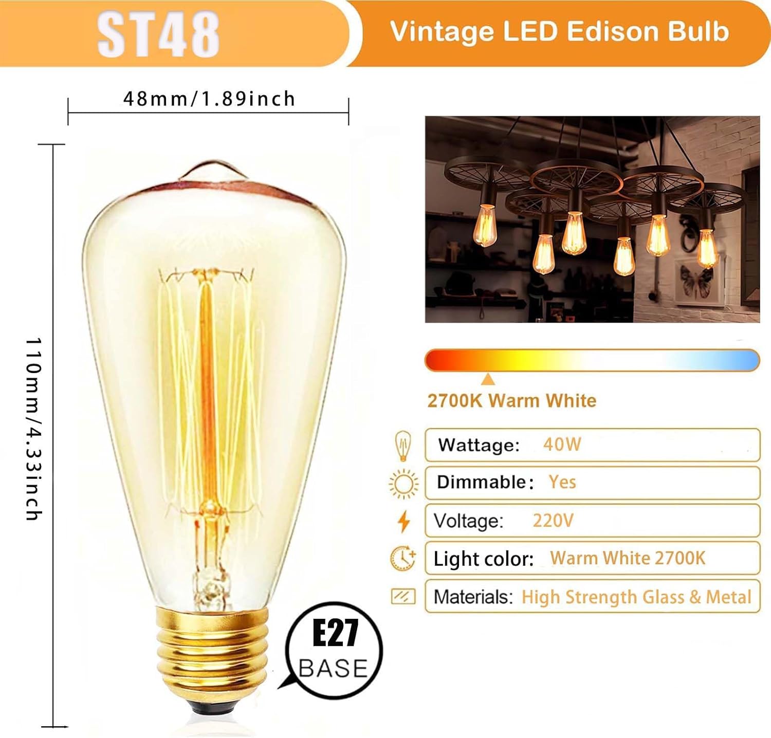 2 Pack ST48 Filament Bulbs 40W E27