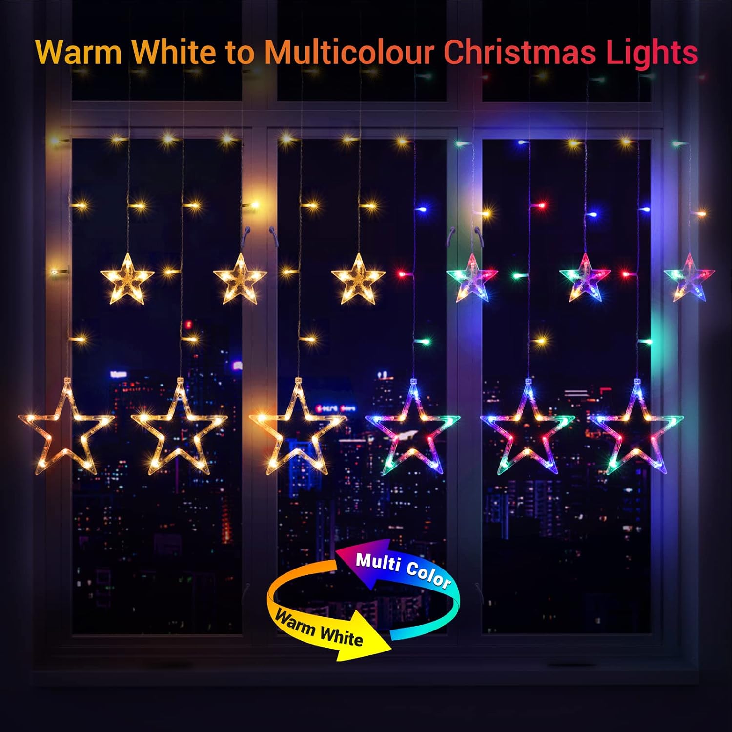 Star Curtain Fairy Lights, 2m, 138 LEDs, Multi-Coloured – Mains Powered with Remote and Timer, Ideal for Indoor Decoration, Festivals, and Parties