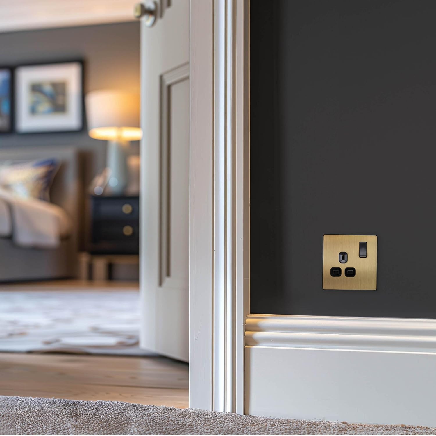 Single Switched Power Plug Socket Satin Brass 13A
